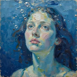 oil paint impasto relief, portrait of woman's face, deep under water, lots blue colours, looking up, air bubbles, multi layered thick brush marks, some splattered paint, in the style frank auerbach and leonardo da vinci