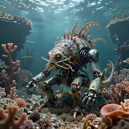 robotic sea creature in steampunk coral reef, octane render, hyper realistic, artstation