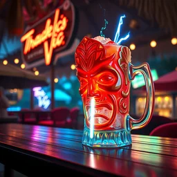 a closeup photorealistic photograph of a glossy tiki mug in the style of the flash sitting at an outdoor trader vic's bar featuring a realistic face. lighting bolt. tiki theme. icy colorful drink. bright scene. fine detail. this 4 k hd image is trending on artstation, featured on behance, well - rendered, extra crisp, features intricate detail, epic composition and the style of unreal engine.