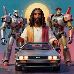stylish 3 d vfx - portrait - movie poster - art of an african jesus christ in a delorean surrounded by mecha robots, art style by james jean & hsiao - ron cheng, unreal engine render, digital illustration, sharp, intricate detail, volumetric lighting, ray tracing, soft light, colourful, claymation, drew struzan, symmetry, ernie barnes, acrylic on canvas