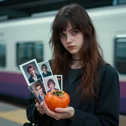 tall emo girl artist holding small portraits and a persimmon, on shinkansen in tokyo. hyper detailed, digital art, artstation, cinematic lighting, studio quality, smooth render, by caravaggio, artgerm, greg rutkowski, craig mullins