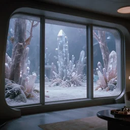 a luxury apartment with large windows, 1 9 8 0 s science fiction, windows overlooking a salt crystal jungle landscape, sci - fi film still, screenshot from a science fiction movie, ridley scott,