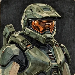 Master Chief from Halo, woodblock portrait, by Utagawa Kuniyoshi