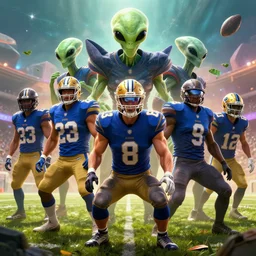 epic professional digital art of an American football team of aliens, best on artstation, cgsociety, wlop, cinematic, breathtaking, epic, stunning, gorgeous, much detail, much wow, masterpiece