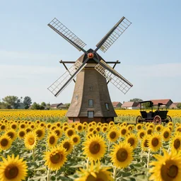 epic portrait cinematic shot an windmill standing in a sunflower field, sunny day, village in the backround, carriage, fine details. night setting. realistic shaded lighting poster by craig mullism, artgerm, jeremy lipkin and michael garmash, unreal engine, radiant light, detailed and intricate environment, digital art, trending on art station,