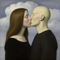 porait of faceless woman and faceless man kissing, clouds in the background, by rene magritte, detailed painting, distance, centered, hd, hq, high resolution, high detail, 4 k, 8 k
