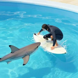 a surfer feeding a shark in a pool