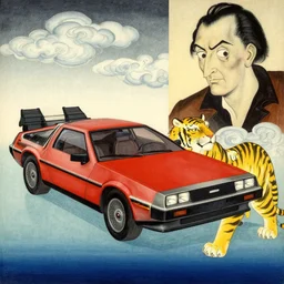 a red delorean and a yellow tiger, painting by hsiao - ron cheng, utagawa kunisada & salvador dali, magazine collage style, clouds, water,