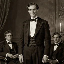ultra realistic sepia portrait of a 1 9 2 0 s era male magician, tall, thin, smiling, well dressed, slicked - back hair, long - tailed tuxedo coat, black bow tie, with a candle in the background, atmospheric lighting, dark, atmospheric, brooding, painted, intricate, ultra detailed by leesha hannigan, thierry doizon, kai carpenter, well composed, best on artstation, cgsociety, epic, stunning, gorgeous, intricate detail, wow, masterpiece