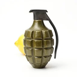 a lemon with a hand grenade handle, white background