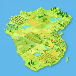a beautiful illustration of a prosperous continent with various kinds of landscape distributed all over it, including farmland, orchard, rangeland, cornfield, windmill, forest, lake and river, low poly style, blue and green,