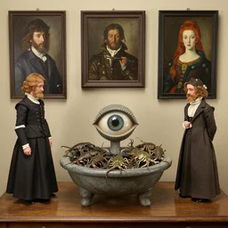 diorama of old fashions, basin full of old predators being reassembled in the mortar's eye, artwork by james ensor and odlion redon