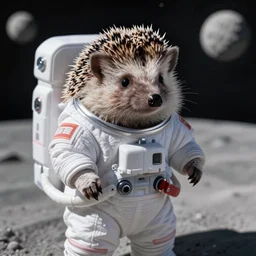 high quality photo of hedgehog in astronaut suit on the Moon
