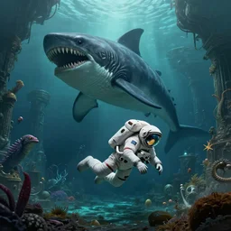 An astronaut is under the sea, he has a big egg, he is swimming away from the giant Morgawr that is behind hunting him, the Morgawr is evil, this is an extravagant planet with wacky wildlife and some mythical animals, the background is full of ancient ruins, the ambient is dark with a terrifying atmosphere, by Jordan Grimmer digital art, trending on Artstation,