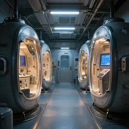 interior of cryogenic pods room inisde a spaceship, volumetric lighting, atmospheric