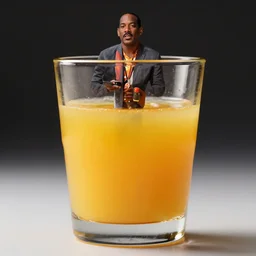 ( miniature of o j simpson ) floating in [ inside a glass of orange juice ] blend mix hybrid