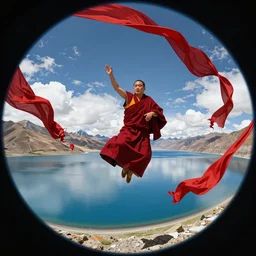 a fisheye lens shot on full - frame camera of tibetan monk flying over himalaya mountains lake in weightlessness in traditional red cloth. monk body movements looks like modern dance choreography. a lot of flying red fabric around, sky and cloth fabric reflected in blue lake water. illustration by craig mullins, yoji shinkawa, trending on artstation, peter mohrbacher, hyper detailed, intricate