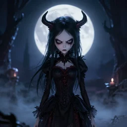 full shot portrait of angry darkness cute anime girl at moonlight, gothic wearing, inspired by Tim Burton, Norihiro Yagi, WLOP, Marc Simonetti, Amano, Andrei Riabovitchev, detailed, unreal engine 4k volumetric light, fog,