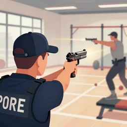 close-up shot, hyperdetailed masterpiece concept art of a back of a policeman holding a gun shooting at a gym, 4k Detailed Matte Illustration trending on ArtStation