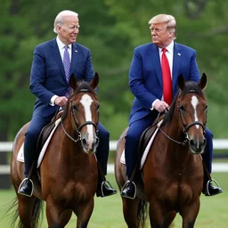 joe biden and Donald trump riding a horse together