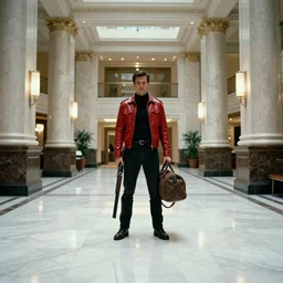 Bank interior elegant bank fancy white marble flooring reflective. blade runner 2049 movie still. man wearing red leather jacket carrying duffle bag holding shotgun. 2017 movie still 35mm wide angle lens