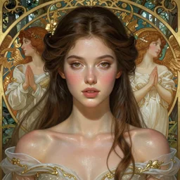 symmetry portrait of brunette magical princess, glam, courage, glass skin, forest background, intricate, elegant, highly detailed, digital painting, artstation, concept art, smooth, sharp focus, illustration, art by artgerm and greg rutkowski and fra angelico and alphons mucha