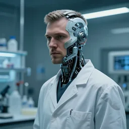 a laboratory technician man with cybernetic implants, scifi character portrait by greg rutkowski, craig mullins, cinematic lighting, dystopian scifi gear