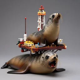 diorama of toxic oil rig mounted on the head of a anguished south american fur seal australis, by martine johanna ambient lighting, highly detailed, doll house, model, zoom out, sharp focus