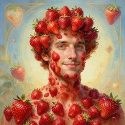 portrait of a man covered in strawberries, slight smile, strawberry, magical, art by greg rutkowski and artgerm and alphonse mucha