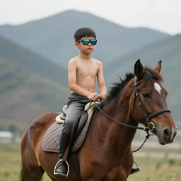 A bare-chested boy wearing reflective sunglasses riding a brown horse through the mountains