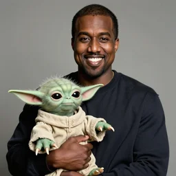 kanye west smiling and holding holding yoda for a 1 9 9 0 s sitcom tv show, studio photograph, portrait