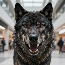 Close up camera footage of a extremely aggressive Feral Black Dire Wolf with severe late stage rabies in an abandoned shopping mall, Wolf Snarling Directly toward camera, It Follows :7 , high exposure, dark, monochrome, camera,  grainy, CCTV, security camera footage, timestamp, zoomed in, Creepy, Feral, fish-eye lens, Rabid, Dire Wolf, Nightmare Fuel, Wolf, Evil, Stalking, Bite, Motion Blur, horrifying, lunging at camera :4 Blood on floors, windows and walls :5