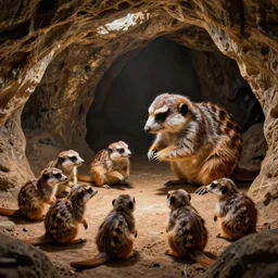several species of small furry animals gathered together in a cave and grooving with a pict