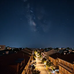 very beautiful night, starry sky, overlooking the street, the view from the top of the building, 8 k