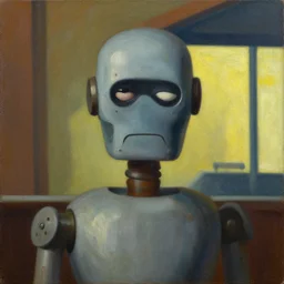 devious robot with shifty eyes portrait, lowbrow, pj crook, grant wood, edward hopper, oil on canvas