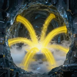 photo of liquid nitrogen with yellow water-cooling coolant flowing through latent representations of dark ice caverns undergoing centrifugal forces, illuminated by computer circuitry sticking out the walls, high detail, high contrast, low-poly elements, 4k
