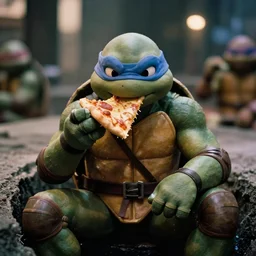 film still of real mirage style ninja turtle sitting in a sewer eating pizza, film still bokeh blur kodak film from the movie ninja turtles, 4 k