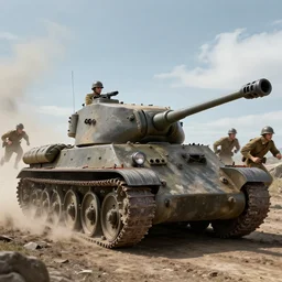 world war 2 tank, soldiers running away, hyperdetailed, photorealistic, 3 d render