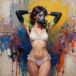 greg manchess portrait painting portrait of cosplay model girl, evangelion unit 0 1 styled mask respirator on mouth, hands up behind head, in white bikini, tattoos, by ashley wood, yoji shinkawa, jamie hewlett, 6 0's french movie poster, french impressionism, paint drips, dry brush background colors, palette knife and big brush strokes, asymmetrical, concept art, profile picture, organic painting, matte painting, bold shapes, hard edges