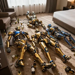 3 shiny golden and blue metallic steampunk humanoid robots with gears and tubes laying passed out in a hotel room with empty bottles and furniture all over the floor, pressphoto, dawn light, insanely detailed, 3 5 mm lens, wide shot