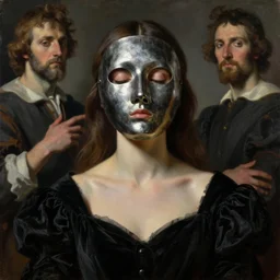 The portrait of beautiful woman, closed eyes, steel full-face occult mask, black dress. by Ilya Repin, William Blake, Michelangelo da Caravaggio and Beksinski, highly detailed oil painting, trending on artstation, dramatic volumetric lighting, 4k, masterpiece