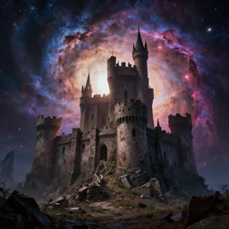 A beautifully detailed matte painting of a ruined castle in an astral nebula plane, dramatic lighting, dynamic lighting, cinematic lighting, vibrant and powerful, unreal engine, featured on artstation, wide angle