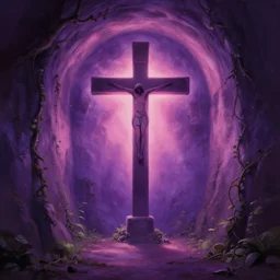 a christian cross as the light at the end of the tunnel, purple and pink undertones, with a few vines and overgrowth, studio ghibli, cinematic, realistic painting, high definition, digital art, symmetrical, very detailed, extremely high detail, photo realistic, concept art, unreal engine 5,