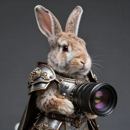 a bunny wearing metal ornamental armor, zeiss lens, 5 0 mm