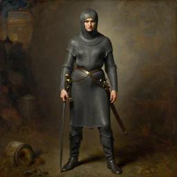 orc warrior woman in chainmail scowling at viewer full body, pre - raphaelite oil painting in the style of dante gabriel rossetti
