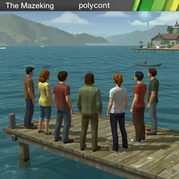 a group of people standing on a pier next to a body of water, a screenshot by The Mazeking, polycount, ashcan school, polycount, prerendered graphics, xbox 360 graphics