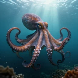 beautiful one octopus in ocean, superwide angle, light through the mist, dramatic lighting, photorealistic, cinematic lighting, high detail, cinematic feel, high octane, 4 k, unreal engine, digital render, intricate, ultra realistic, concept art
