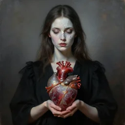 Beautiful woman with fractured pale face in black clothes holds surreal ornate heart in her hands, the long shot, dramatic lighting, high-detailed oil painting by Christensen, James C and William Blake, masterpiece, 4k