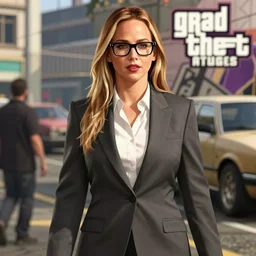 bodybuilder jennifer lawrence wearing suit and glasses, in the street, cinematic lighting, octane render, photorealistic, digital painting, drew struzan, gta v cover art