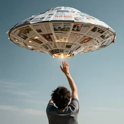 photo of person reaching up to touch a ufo made of newspapers